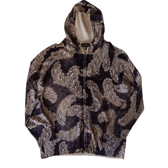 Cinnamon Cinder Hooded Sweater Jacket Zip Front Brown Tan Paisley XL - Picture 1 of 16